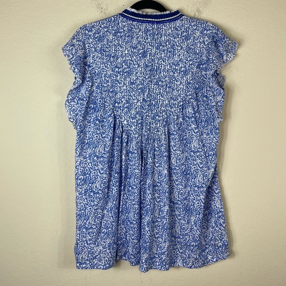 Poupette St. Barth V Neck Short Sleeve Tunic Top Blue & White Fringe Size Medium - Picture 6 of 6